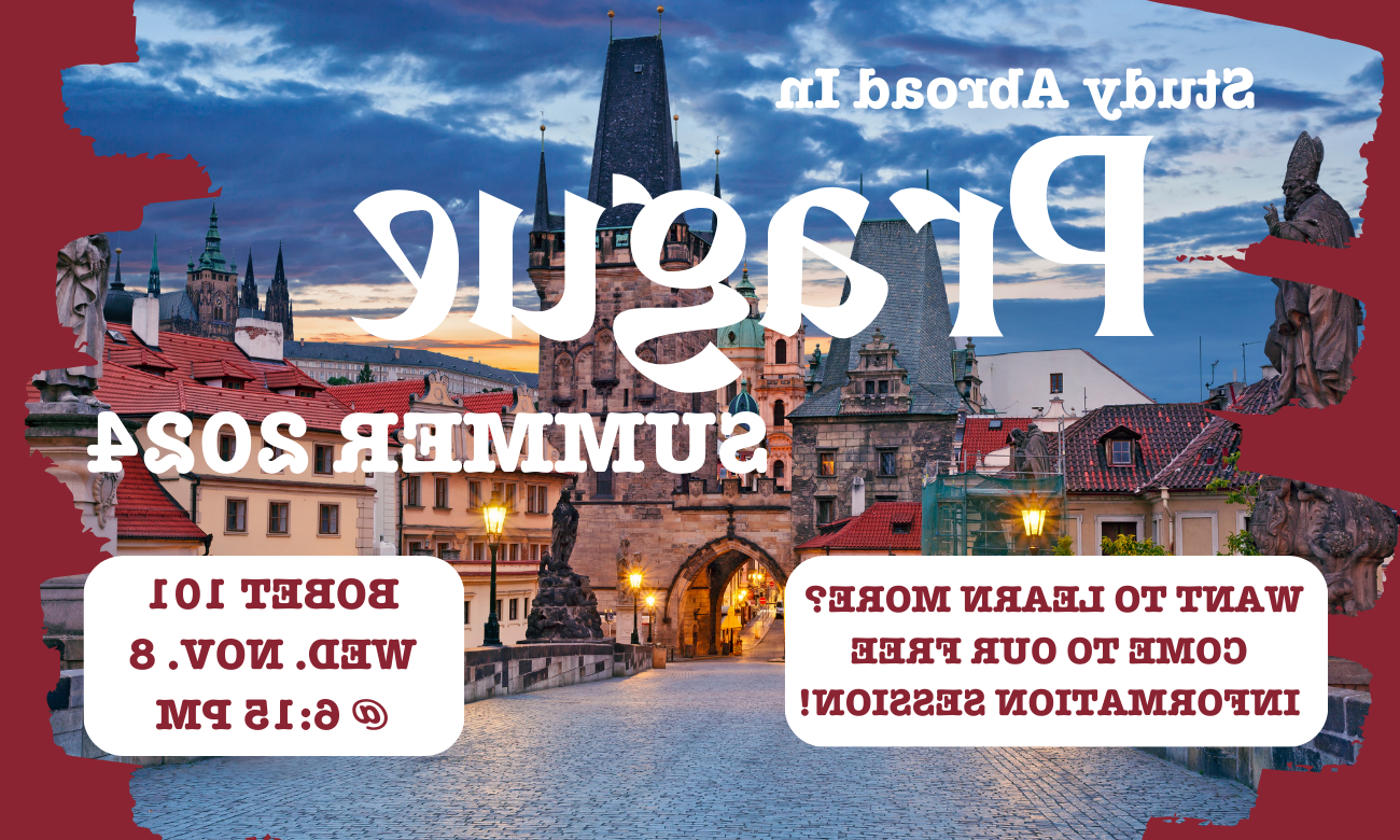 Flyer for info session showing a cobblestone street in Prague at twilight. information about the event is printed in white text on top of this background.